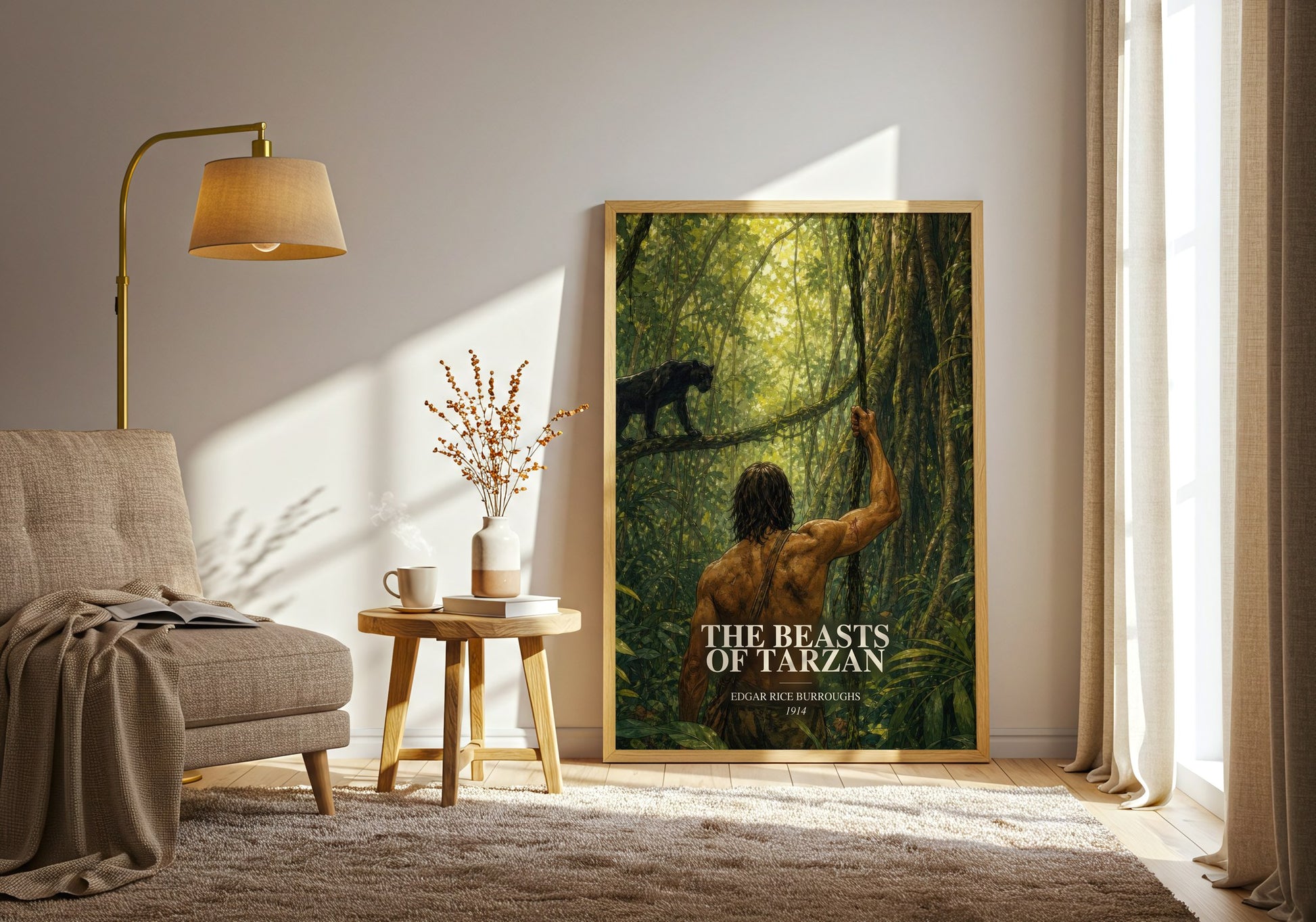 The Beasts Of Tarzan watercolour print in frame leaning in hallway – adventure wall art