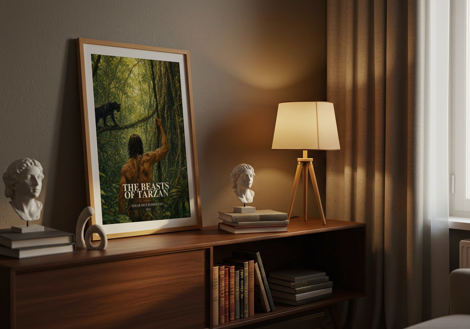 The Beasts Of Tarzan watercolour print on bookshelf – Edgar Rice Burroughs fan gift