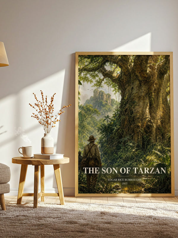 The Son Of Tarzan watercolour print in frame leaning in hallway – adventure wall art