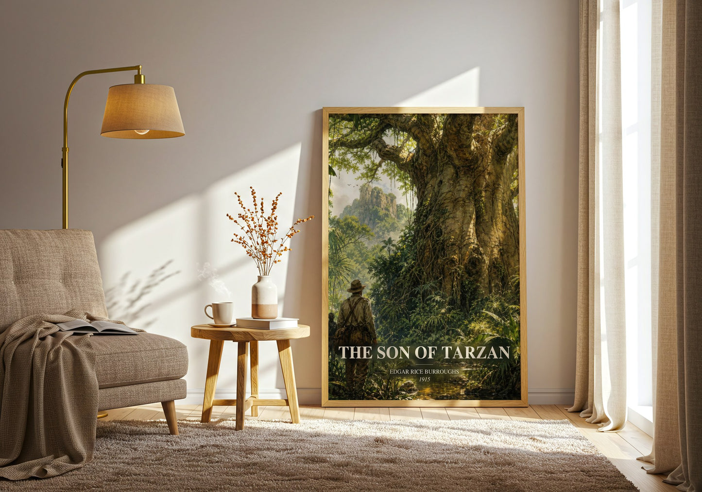 The Son Of Tarzan watercolour print in frame leaning in hallway – adventure wall art