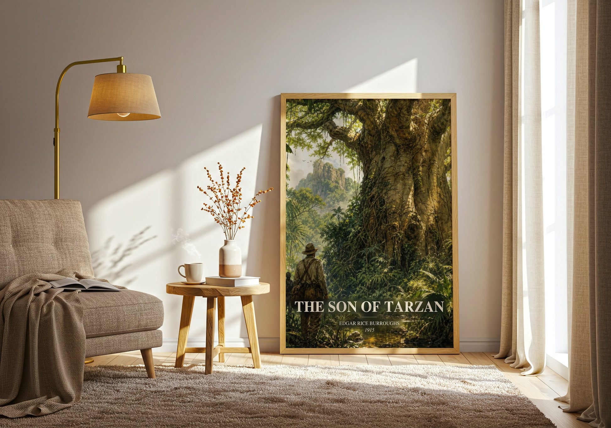 The Son Of Tarzan watercolour print in frame leaning in hallway – adventure wall art