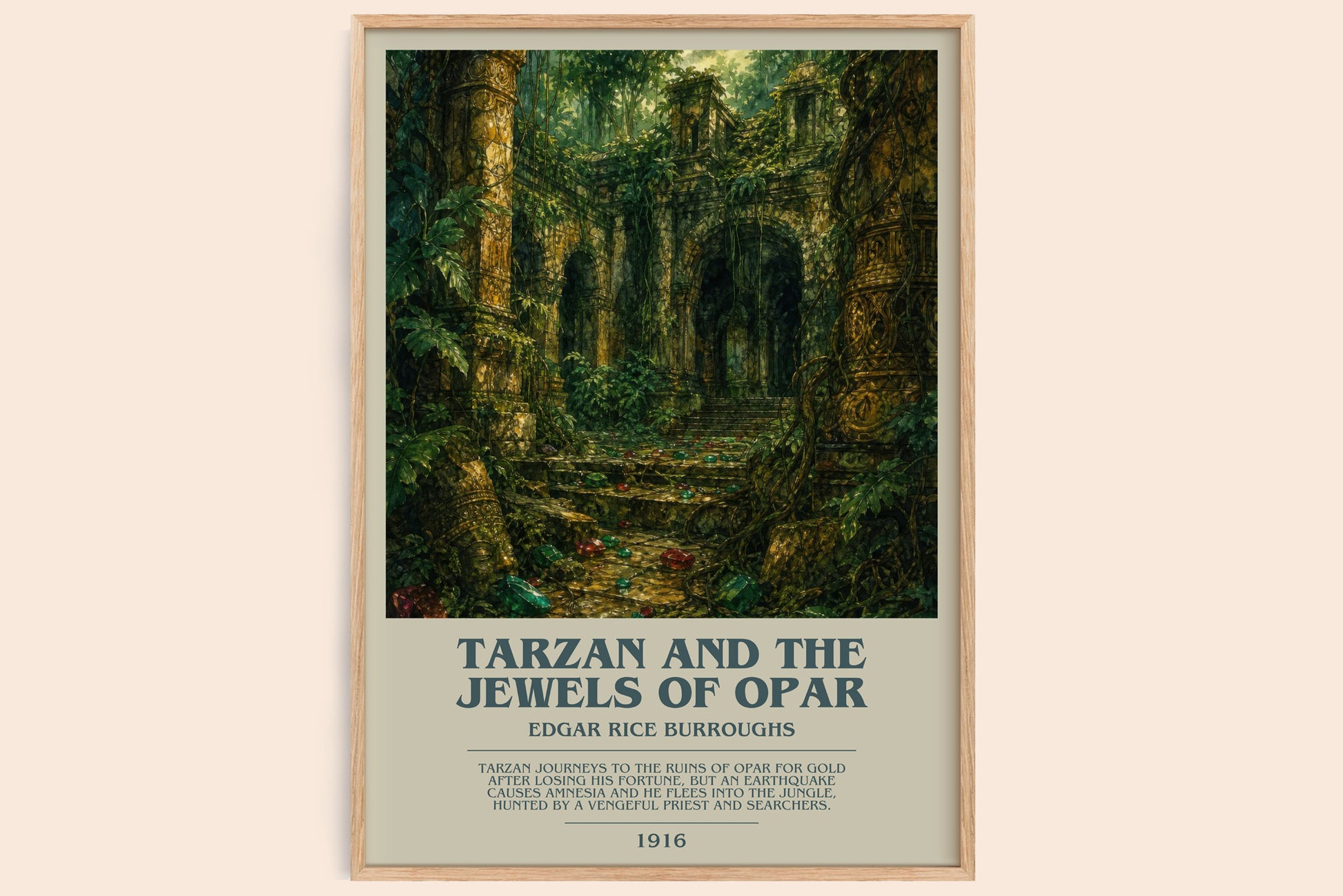 Tarzan And The Jewels Of Opar bookish book poster by Edgar Rice Burroughs – framed literary art print