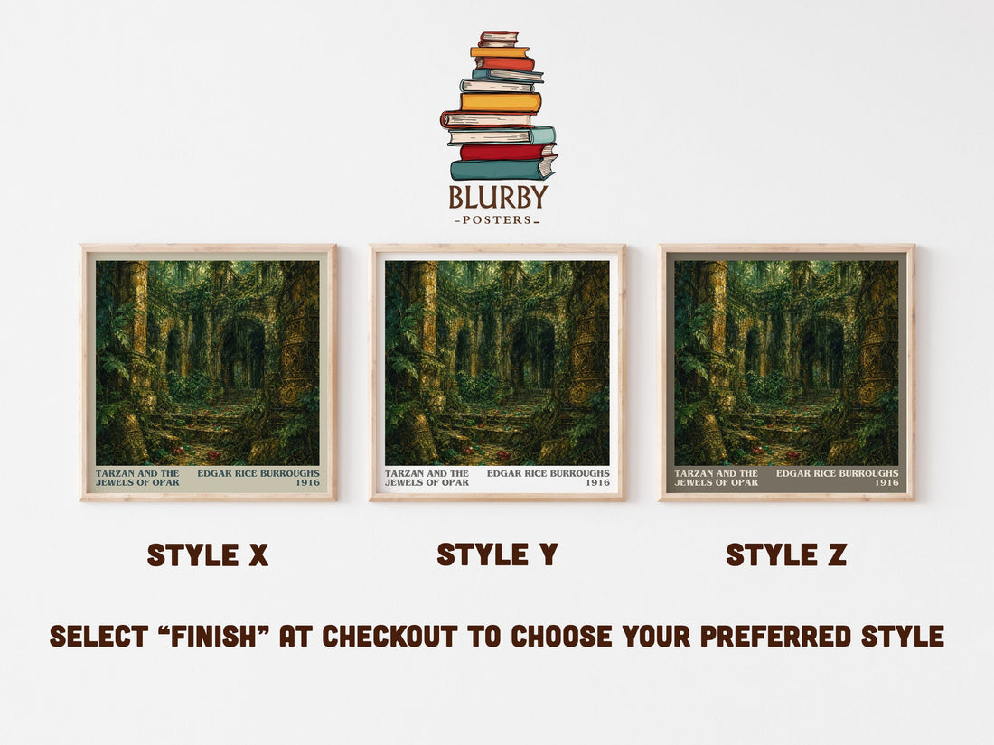 Tarzan And The Jewels Of Opar literary print in frame leaning in hallway – adventure wall art (mockup)