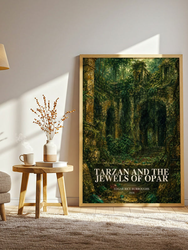Tarzan And The Jewels Of Opar watercolour print in frame leaning in hallway – adventure wall art
