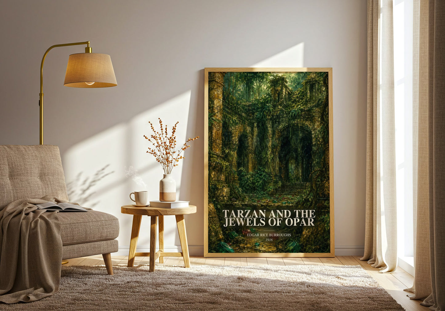 Tarzan And The Jewels Of Opar watercolour print in frame leaning in hallway – adventure wall art