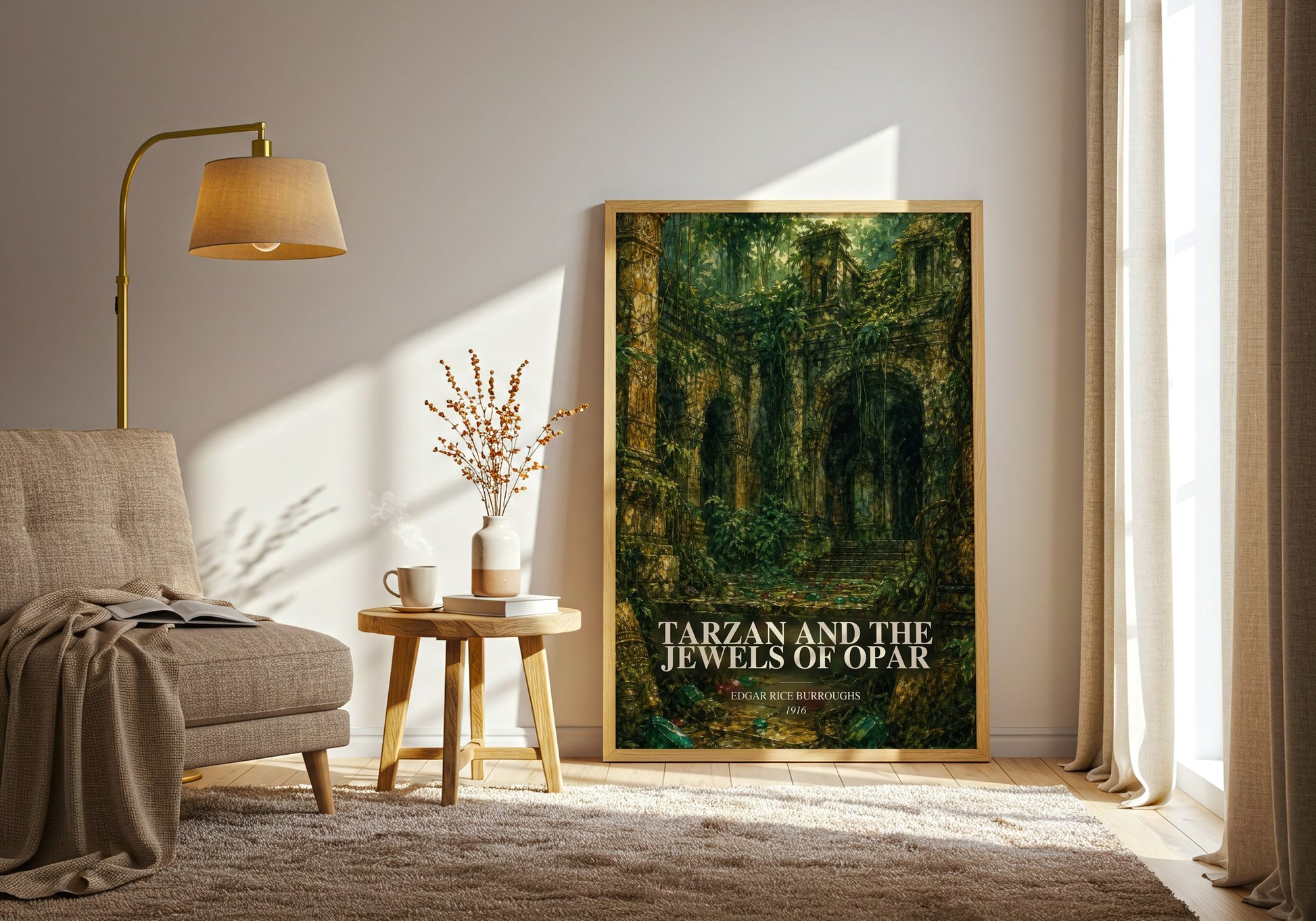 Tarzan And The Jewels Of Opar watercolour print in frame leaning in hallway – adventure wall art