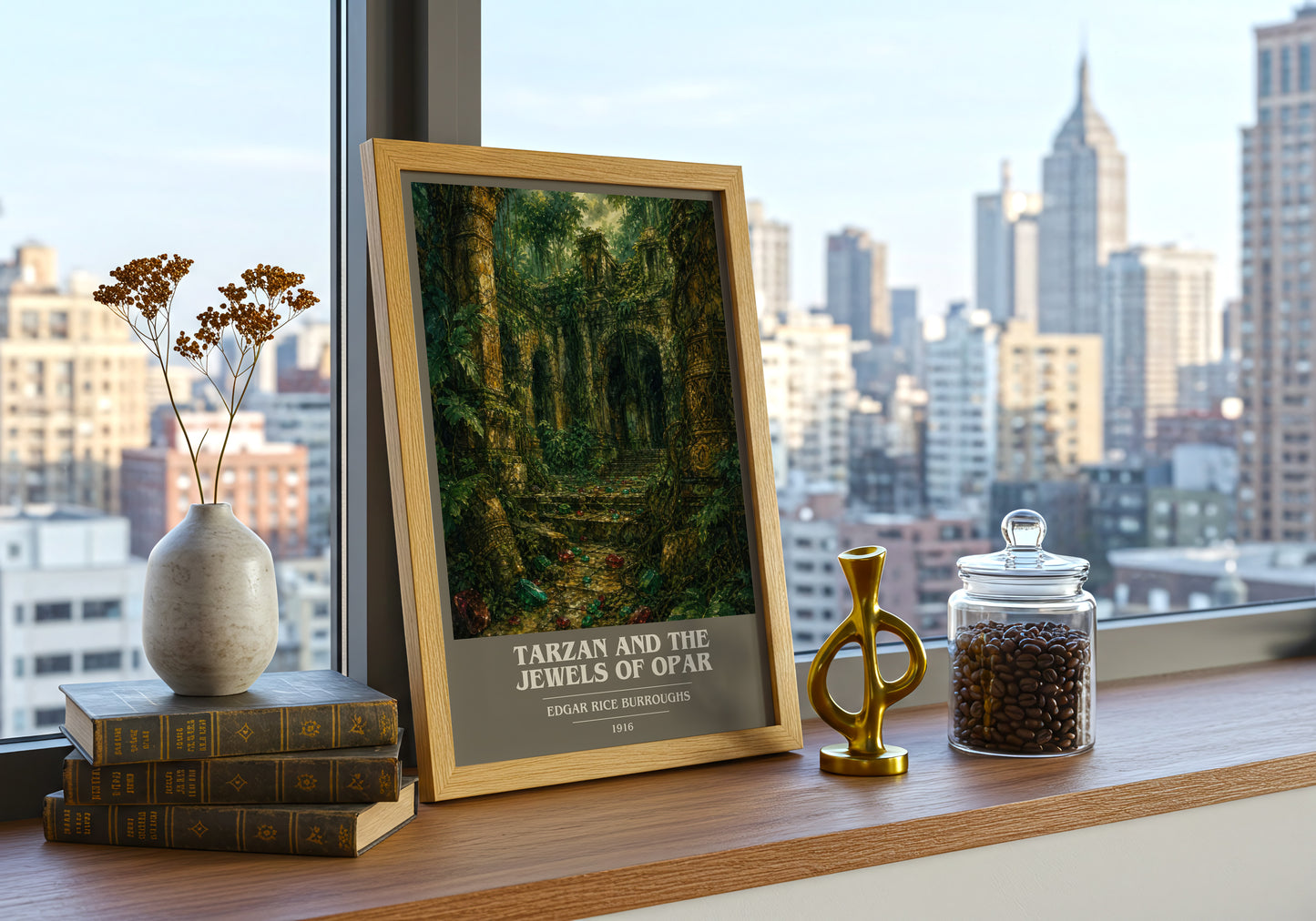 Tarzan And The Jewels Of Opar book cover print framed by window – literary home decor