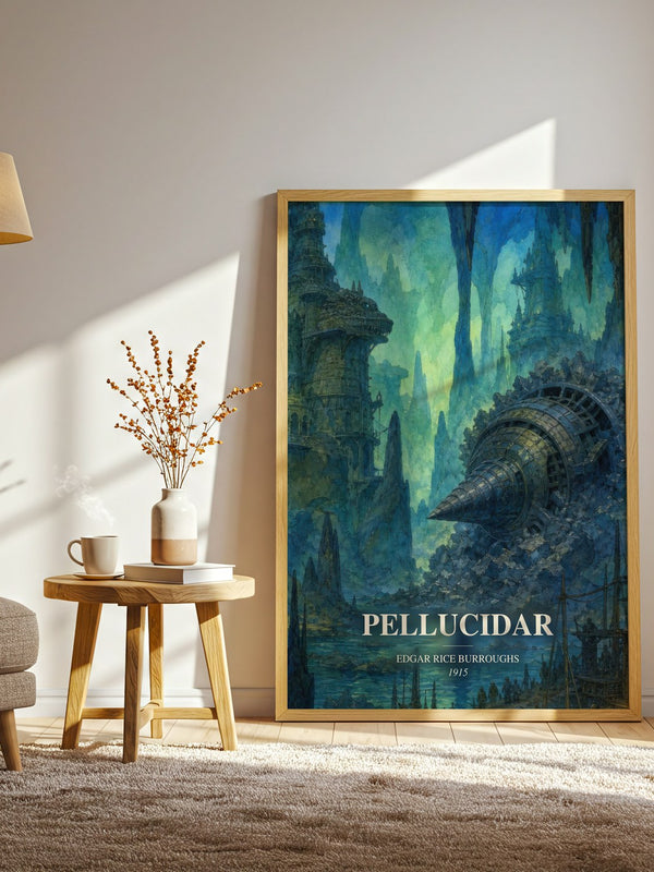 Pellucidar watercolour print in frame leaning in hallway – adventure wall art