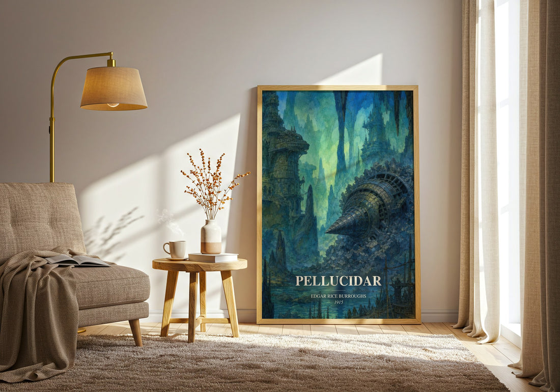 Pellucidar watercolour print in frame leaning in hallway – adventure wall art (mockup)