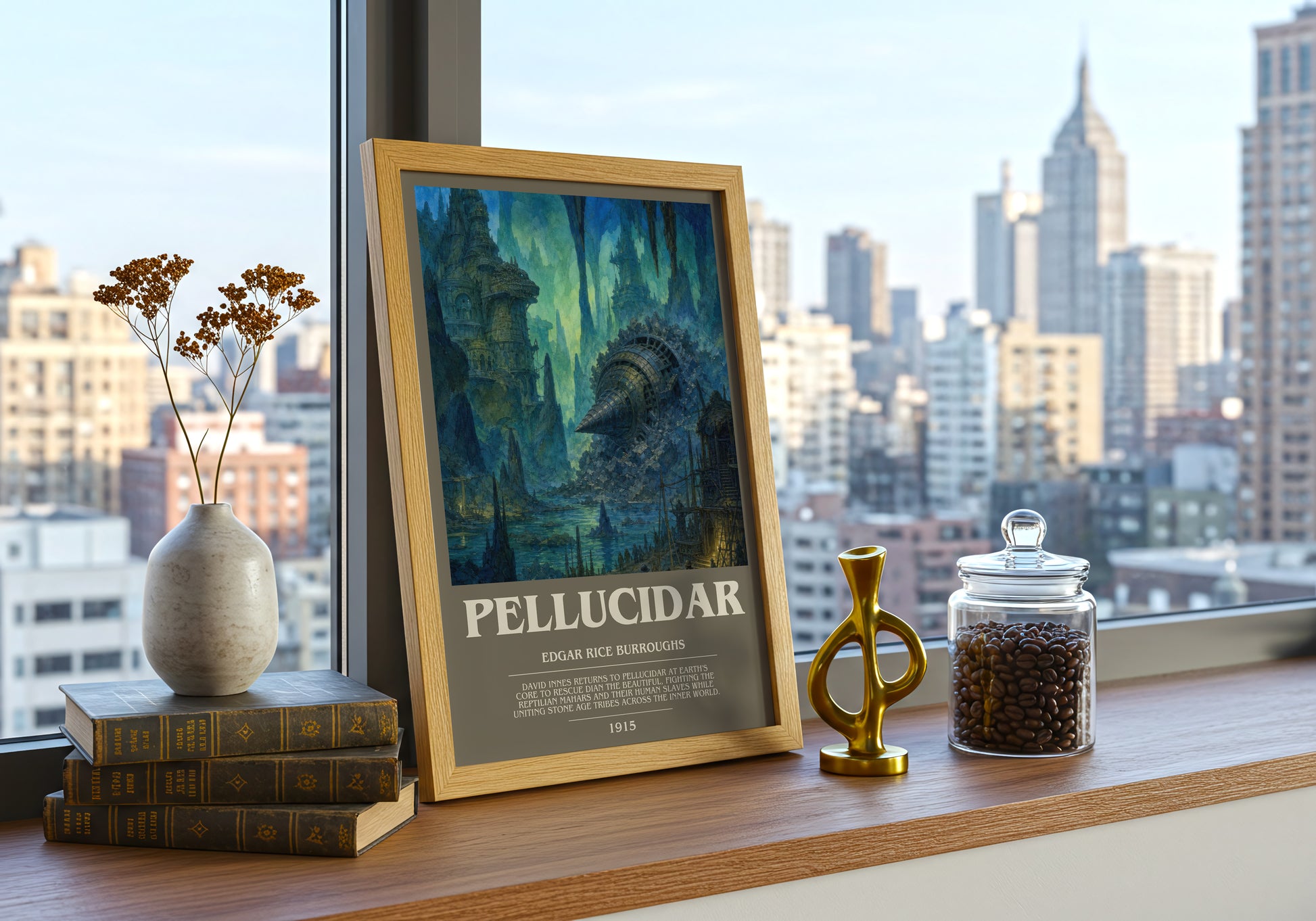 Pellucidar bookish print framed by window – literary home decor