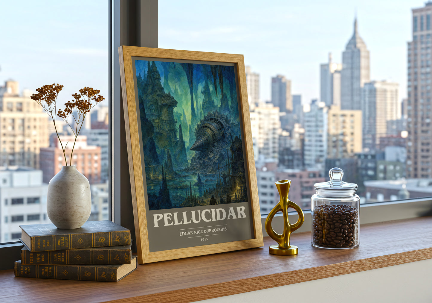 Pellucidar book cover print framed by window – literary home decor