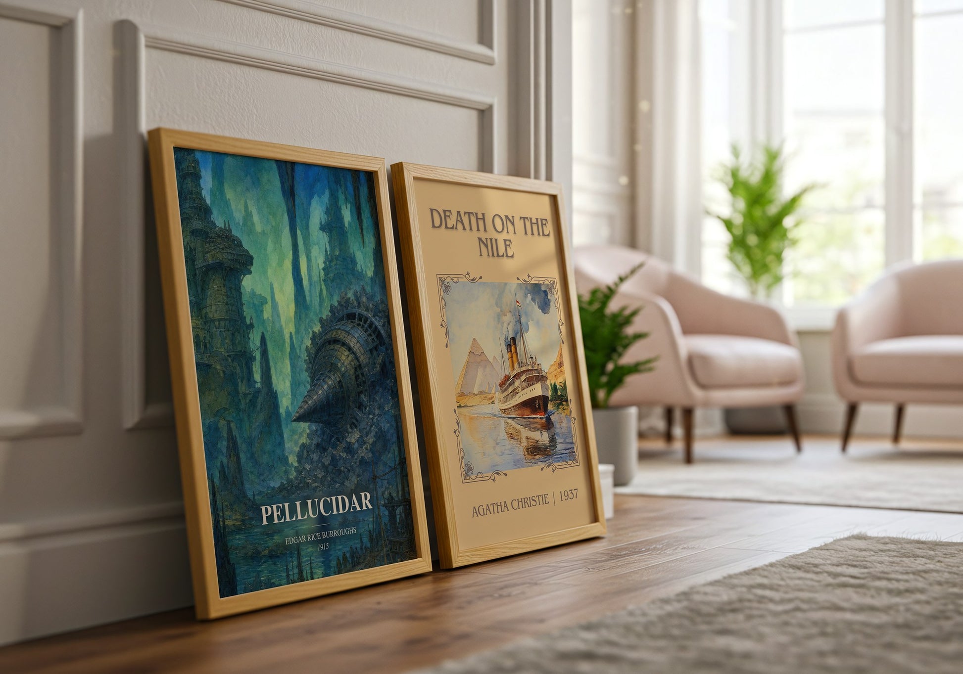 Pellucidar watercolour print framed by window – literary home decor