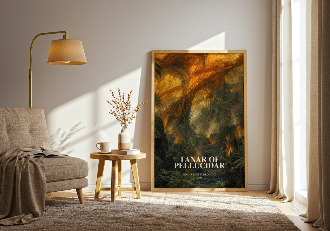 Tanar Of Pellucidar watercolour print in frame leaning in hallway – sci fi wall art (mockup)