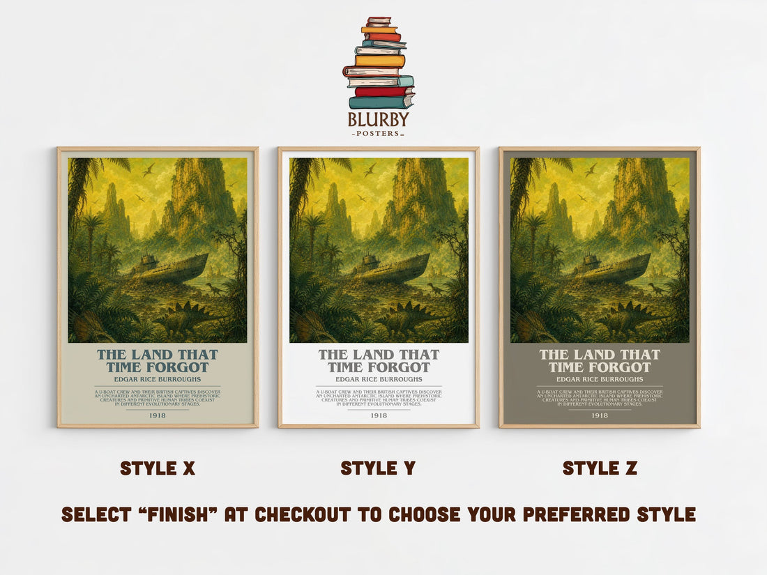 The Land That Time Forgot bookish print in frame leaning in hallway – sci fi wall art (mockup)