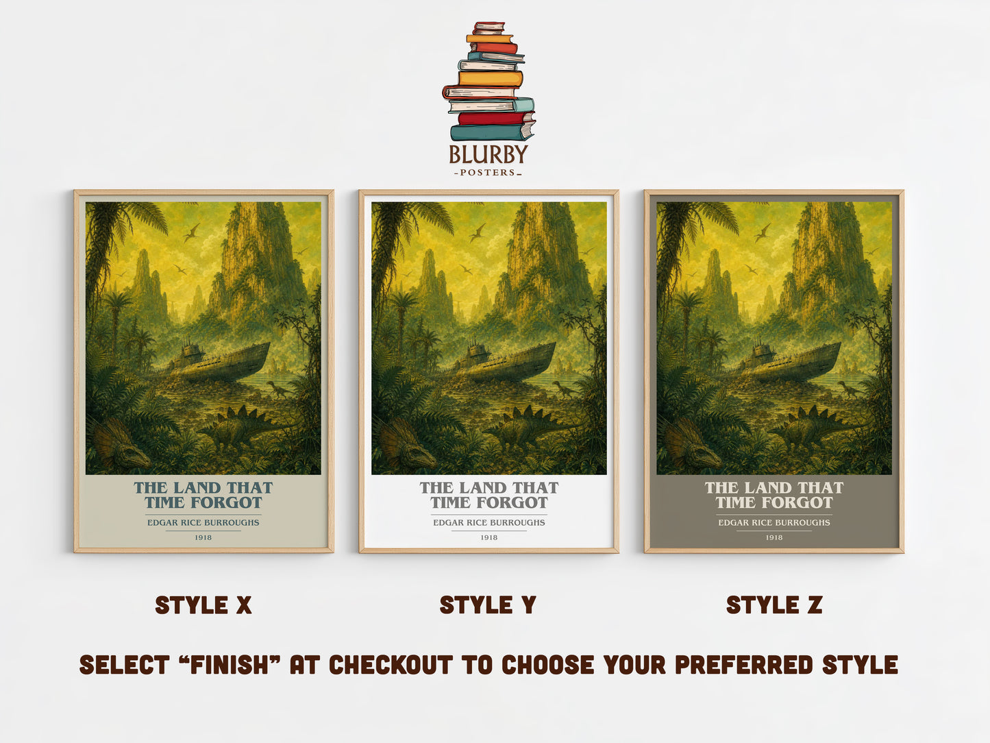 The Land That Time Forgot book cover print in frame leaning in hallway – sci fi wall art