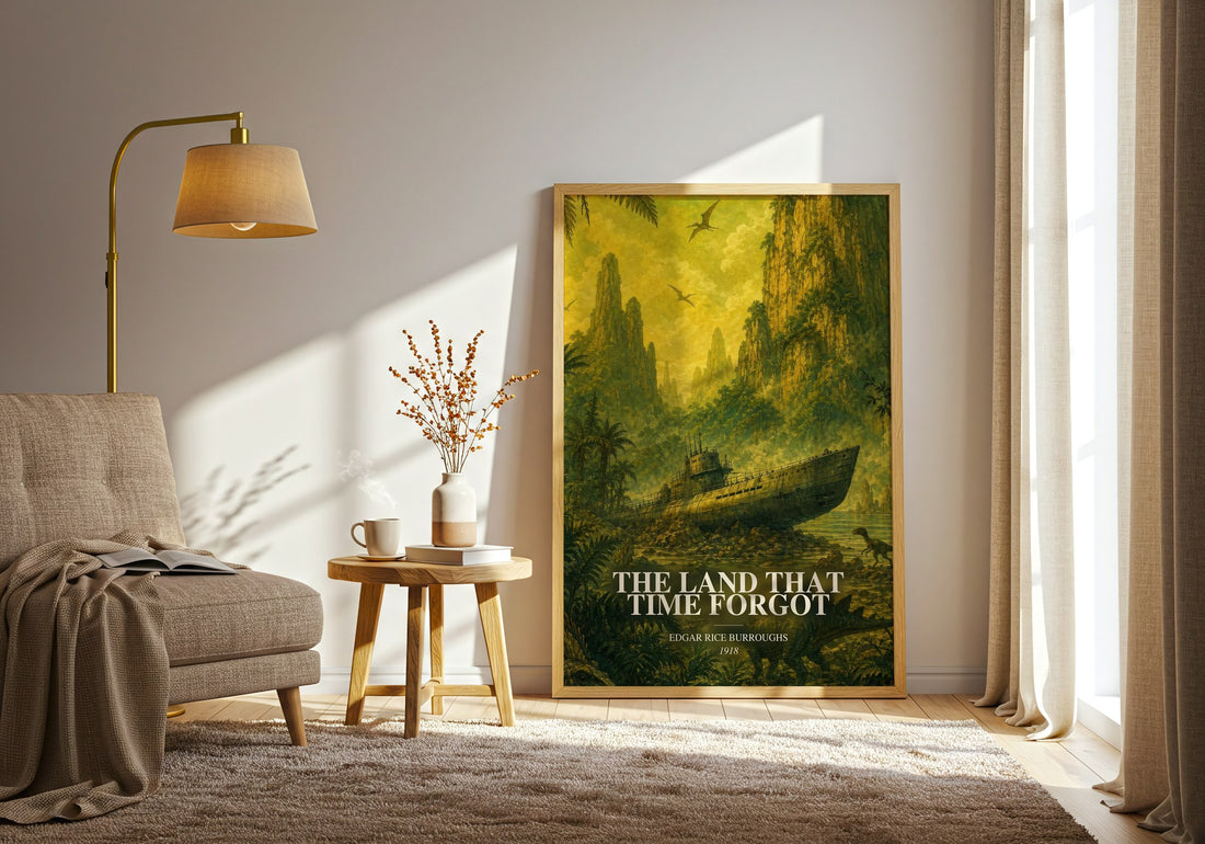 The Land That Time Forgot watercolour print in frame leaning in hallway – sci fi wall art (mockup)