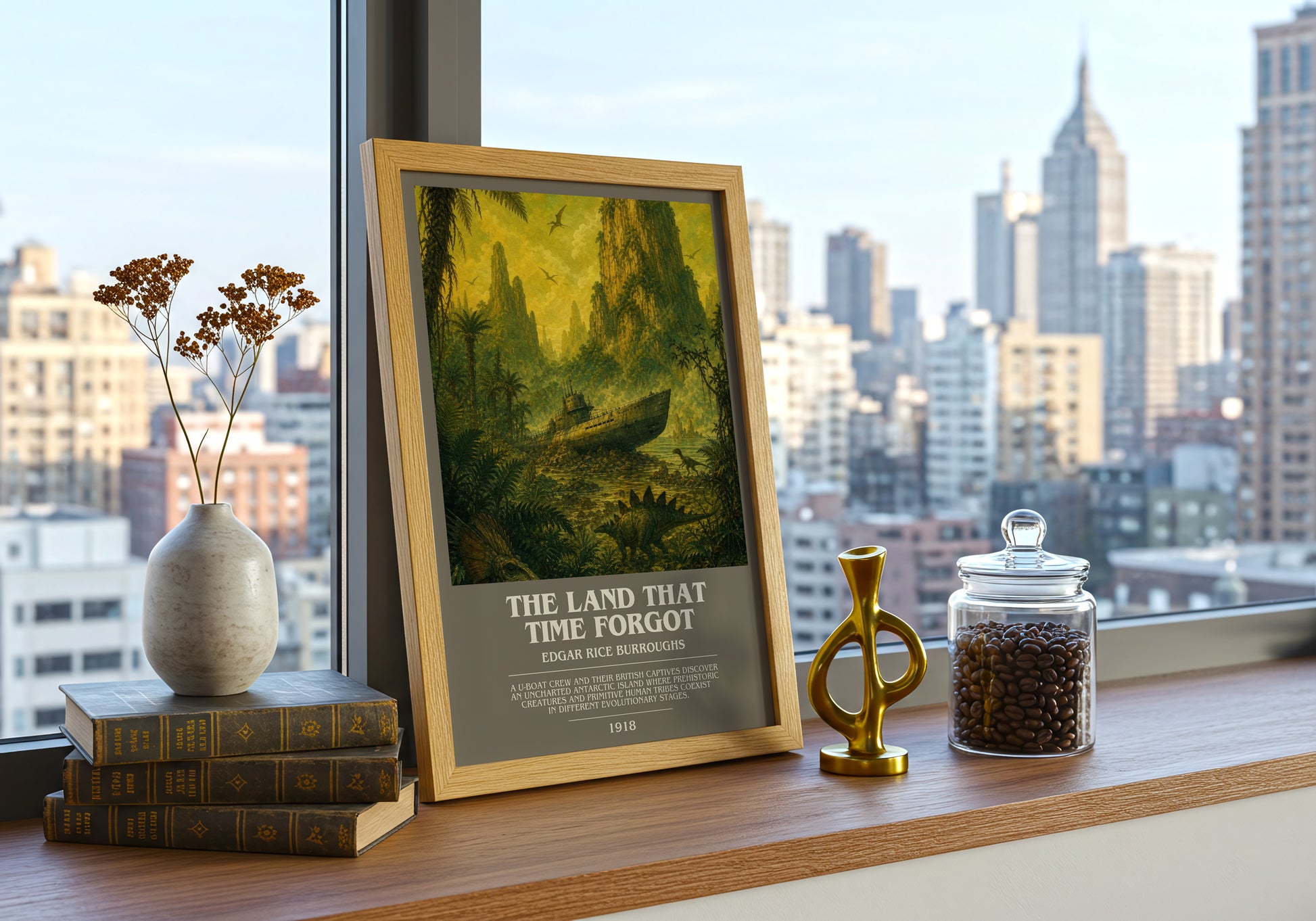 The Land That Time Forgot bookish print framed by window – literary home decor
