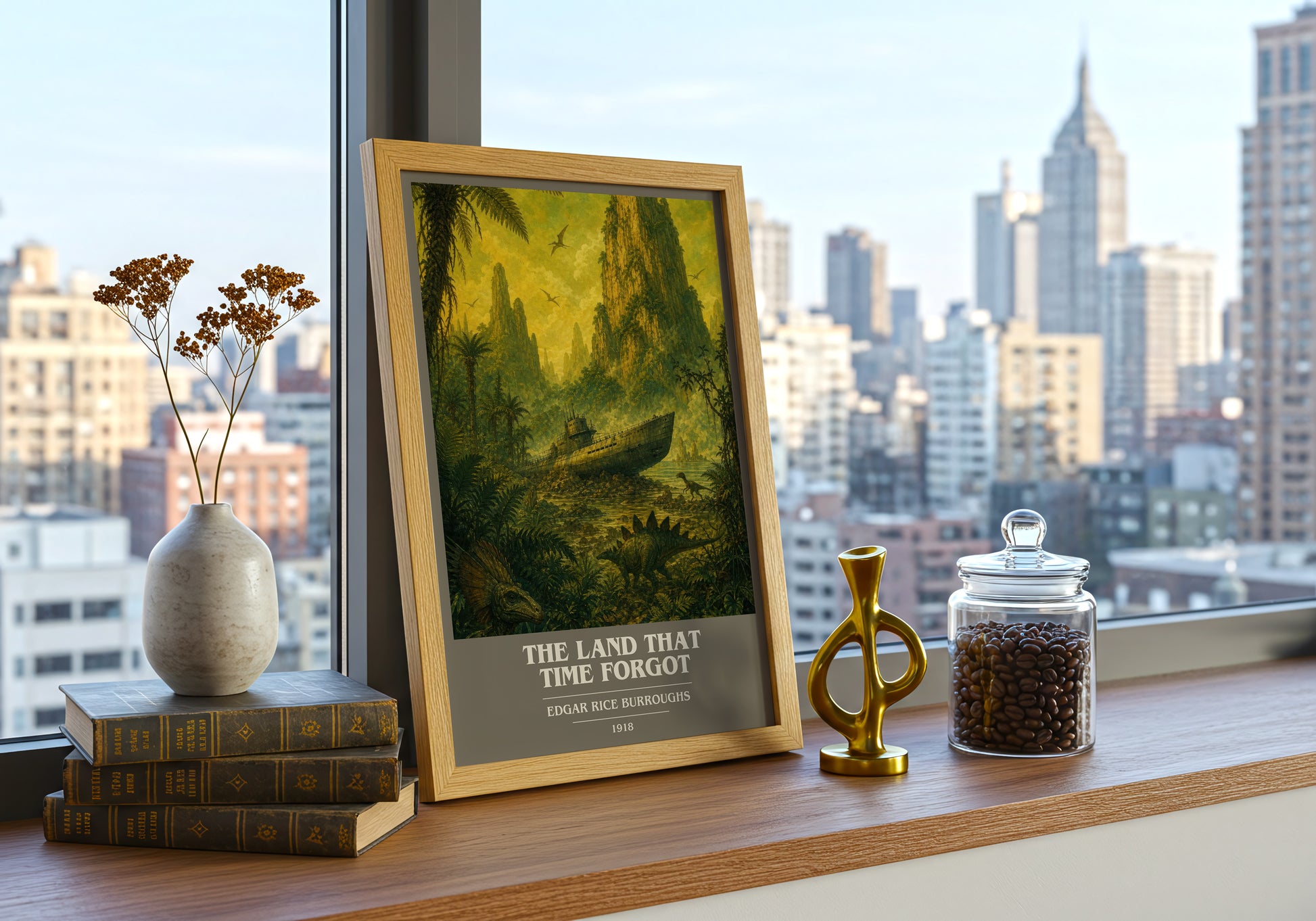 The Land That Time Forgot book cover print framed by window – literary home decor