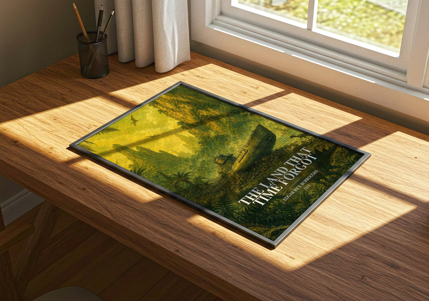 The Land That Time Forgot watercolour book poster framed on wall – sci fi wall art