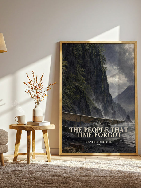 The People That Time Forgot watercolour print in frame leaning in hallway – adventure wall art