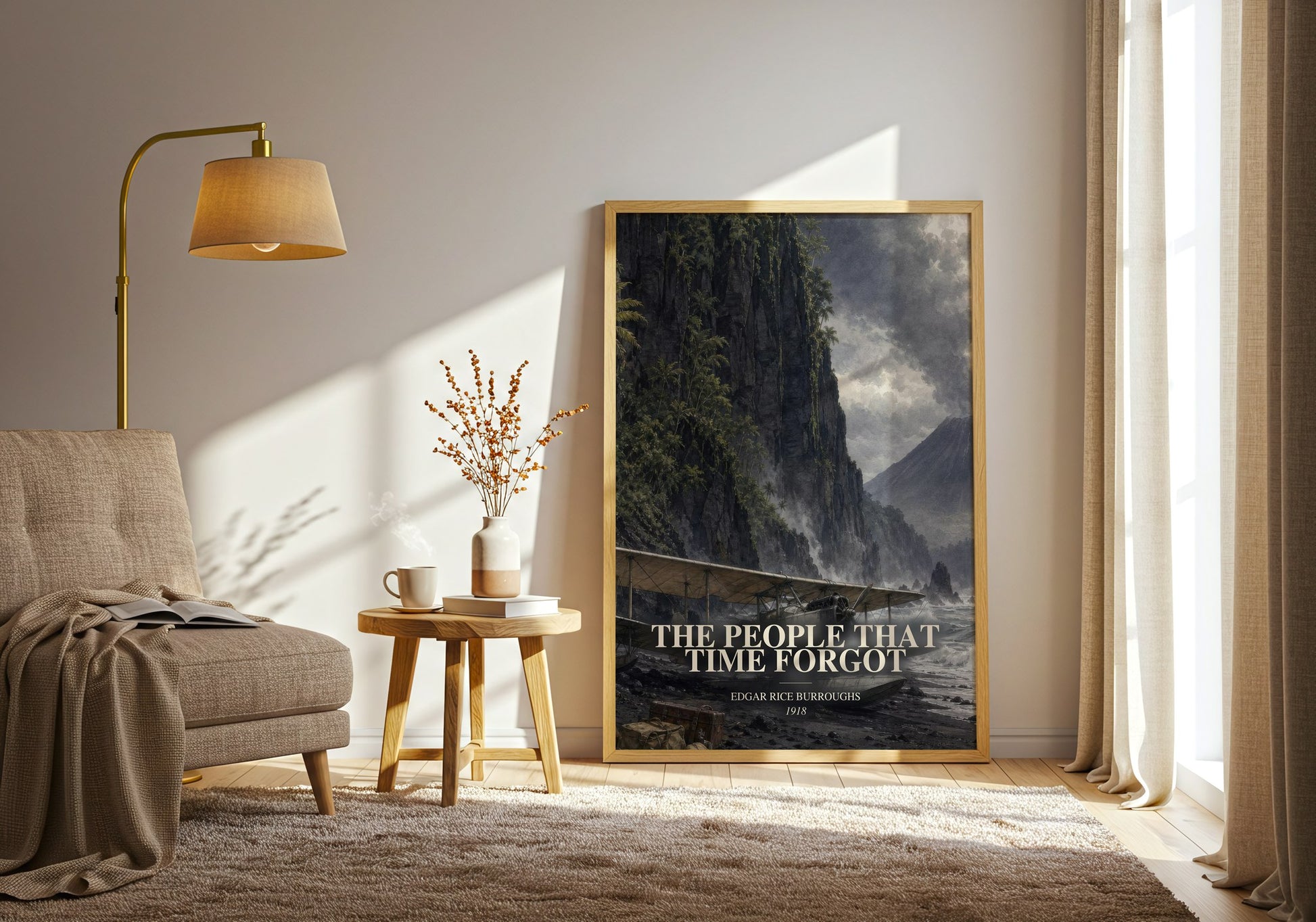 The People That Time Forgot watercolour print in frame leaning in hallway – adventure wall art
