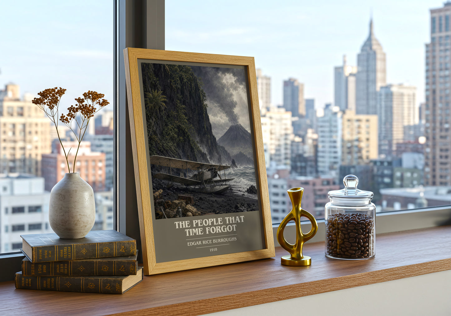 The People That Time Forgot book cover print framed by window – literary home decor