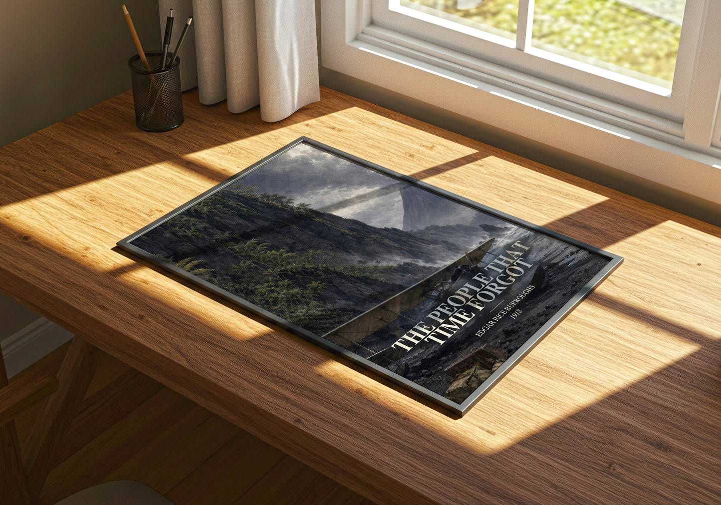 The People That Time Forgot watercolour book poster framed on wall – adventure wall art