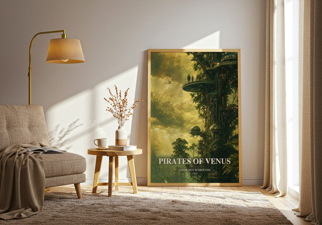 Pirates Of Venus watercolour print in frame leaning in hallway – sci fi wall art (mockup)