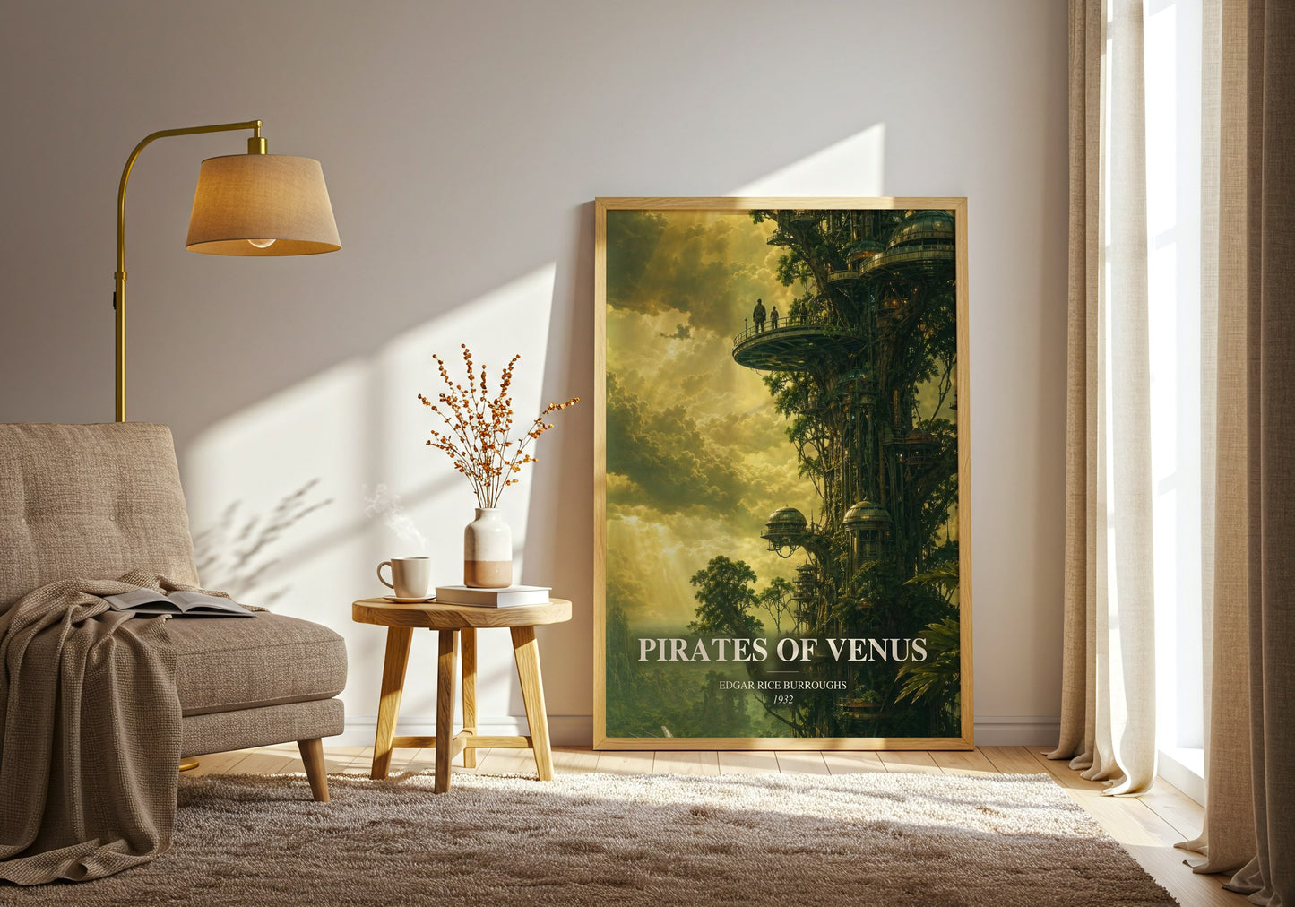Pirates Of Venus watercolour print in frame leaning in hallway – sci fi wall art