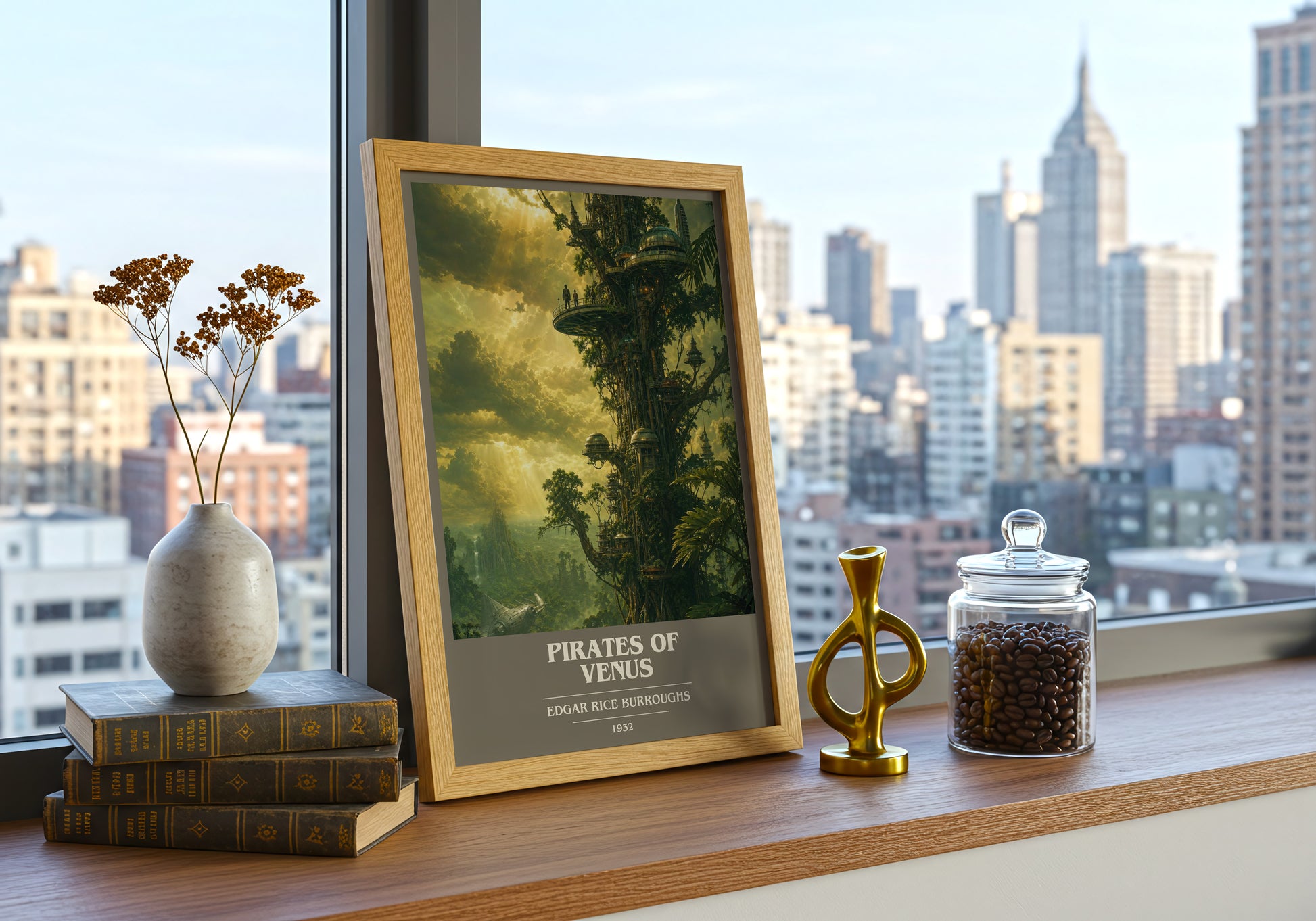 Pirates Of Venus book cover print framed by window – literary home decor