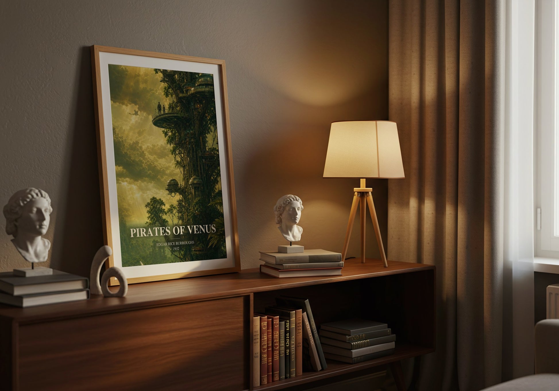 Pirates Of Venus watercolour print on bookshelf – Edgar Rice Burroughs fan gift