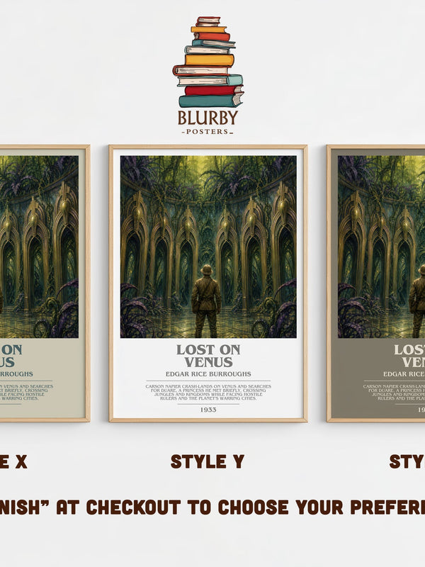 Lost On Venus bookish print in frame leaning in hallway – sci fi wall art