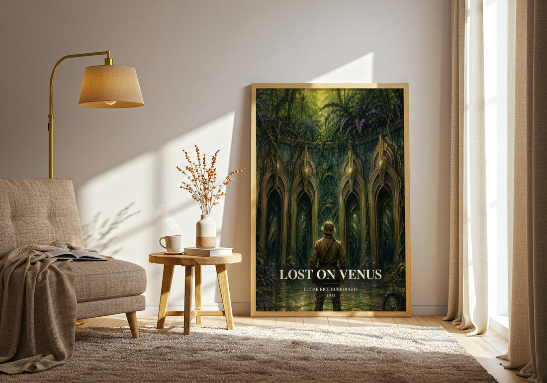 Lost On Venus watercolour print in frame leaning in hallway – sci fi wall art (mockup)