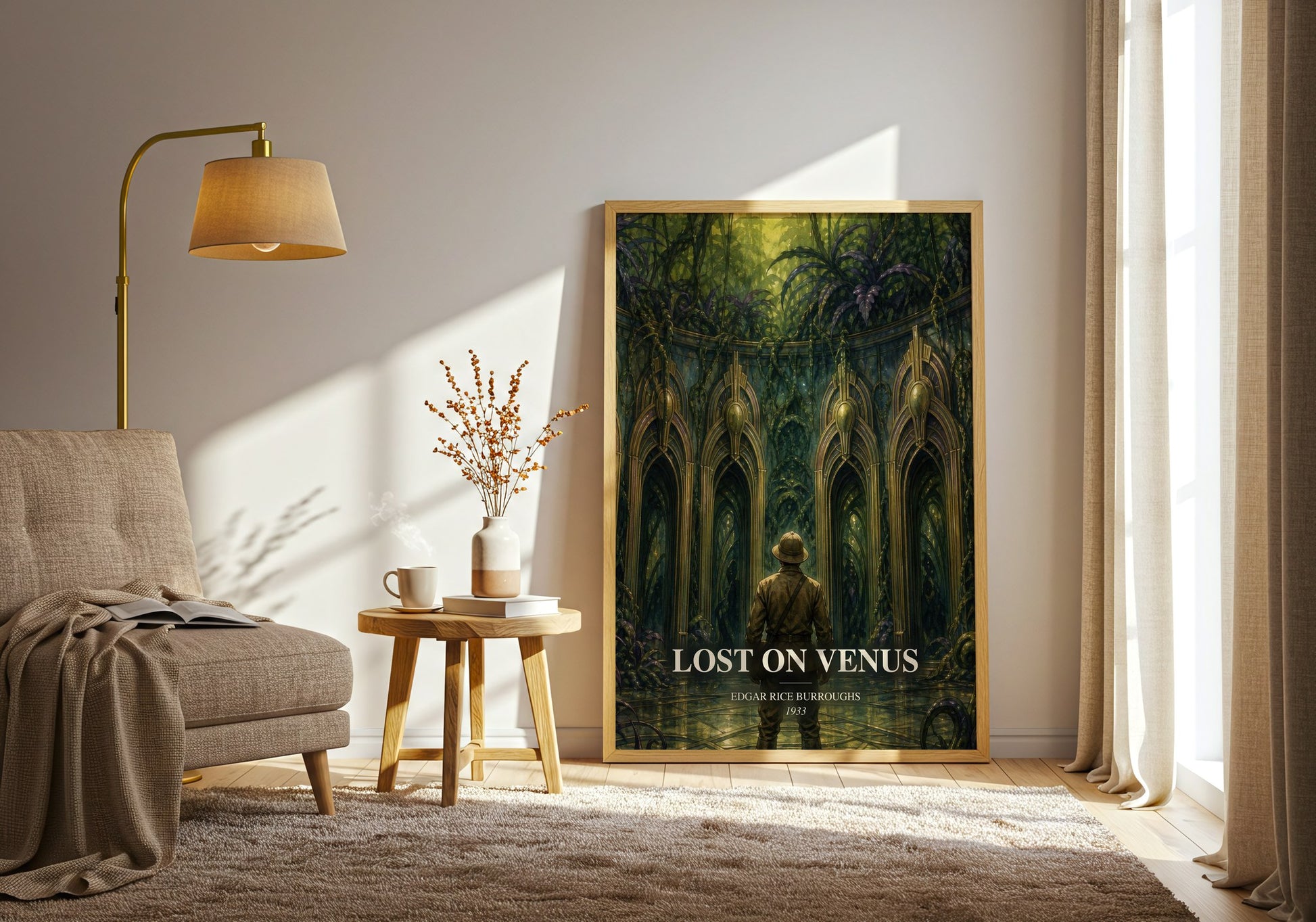 Lost On Venus watercolour print in frame leaning in hallway – sci fi wall art