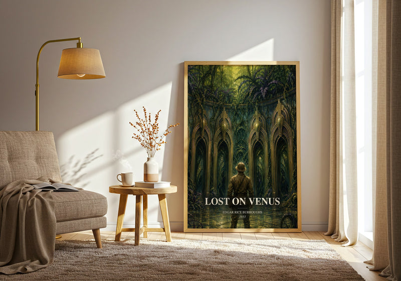 Lost On Venus watercolour print in frame leaning in hallway – sci fi wall art