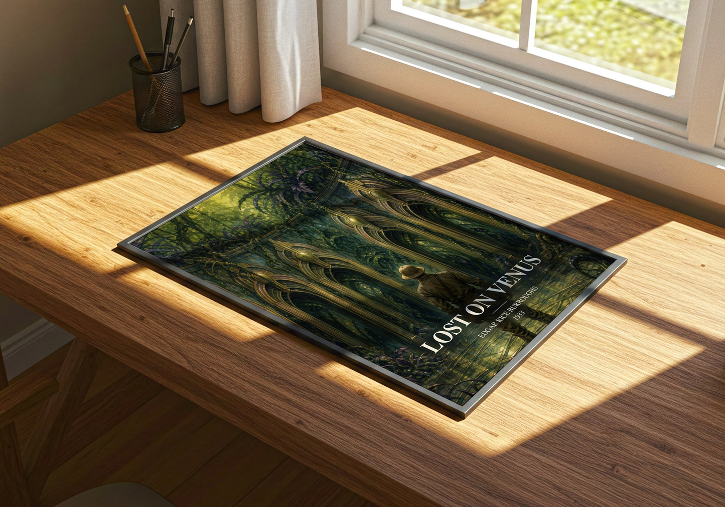 Lost On Venus watercolour book poster framed on wall – sci fi wall art