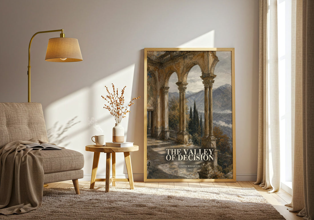 The Valley Of Decision watercolour print in frame leaning in hallway – historical fiction wall art (mockup)