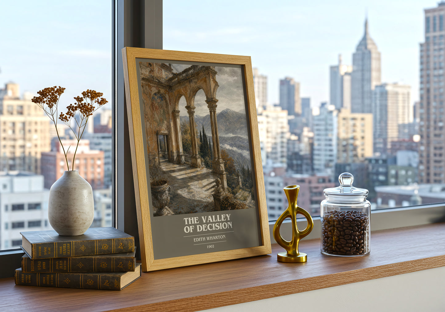 The Valley Of Decision book cover print framed by window – literary home decor