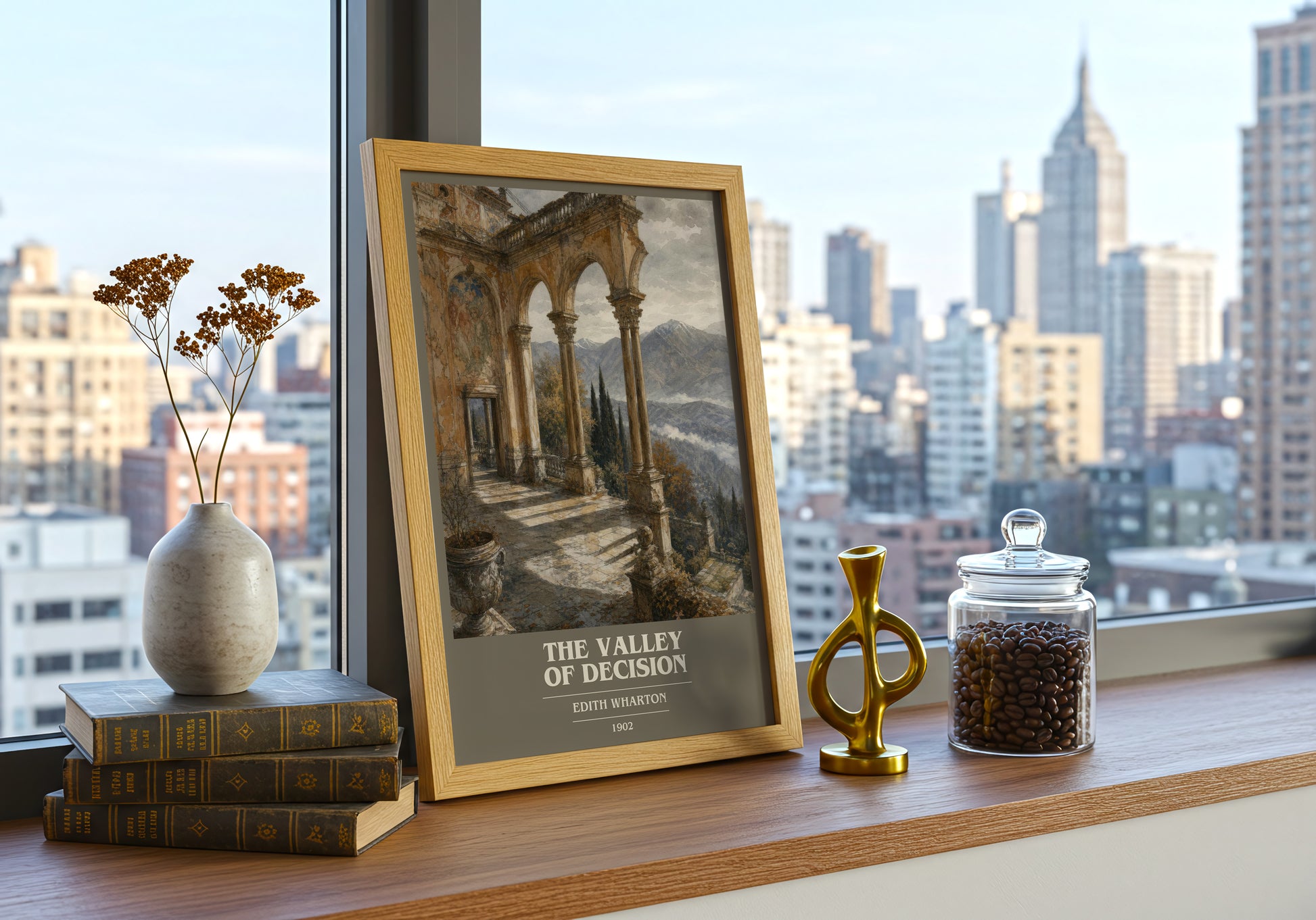 The Valley Of Decision book cover print framed by window – literary home decor