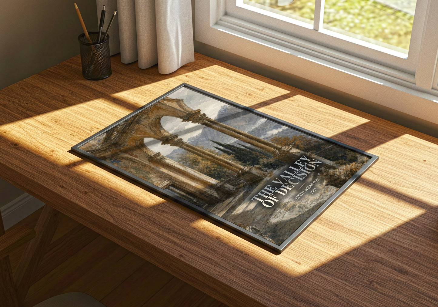 The Valley Of Decision watercolour book poster framed on wall – historical fiction wall art