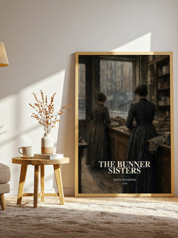 The Bunner Sisters watercolour print in frame leaning in hallway – literary fiction wall art