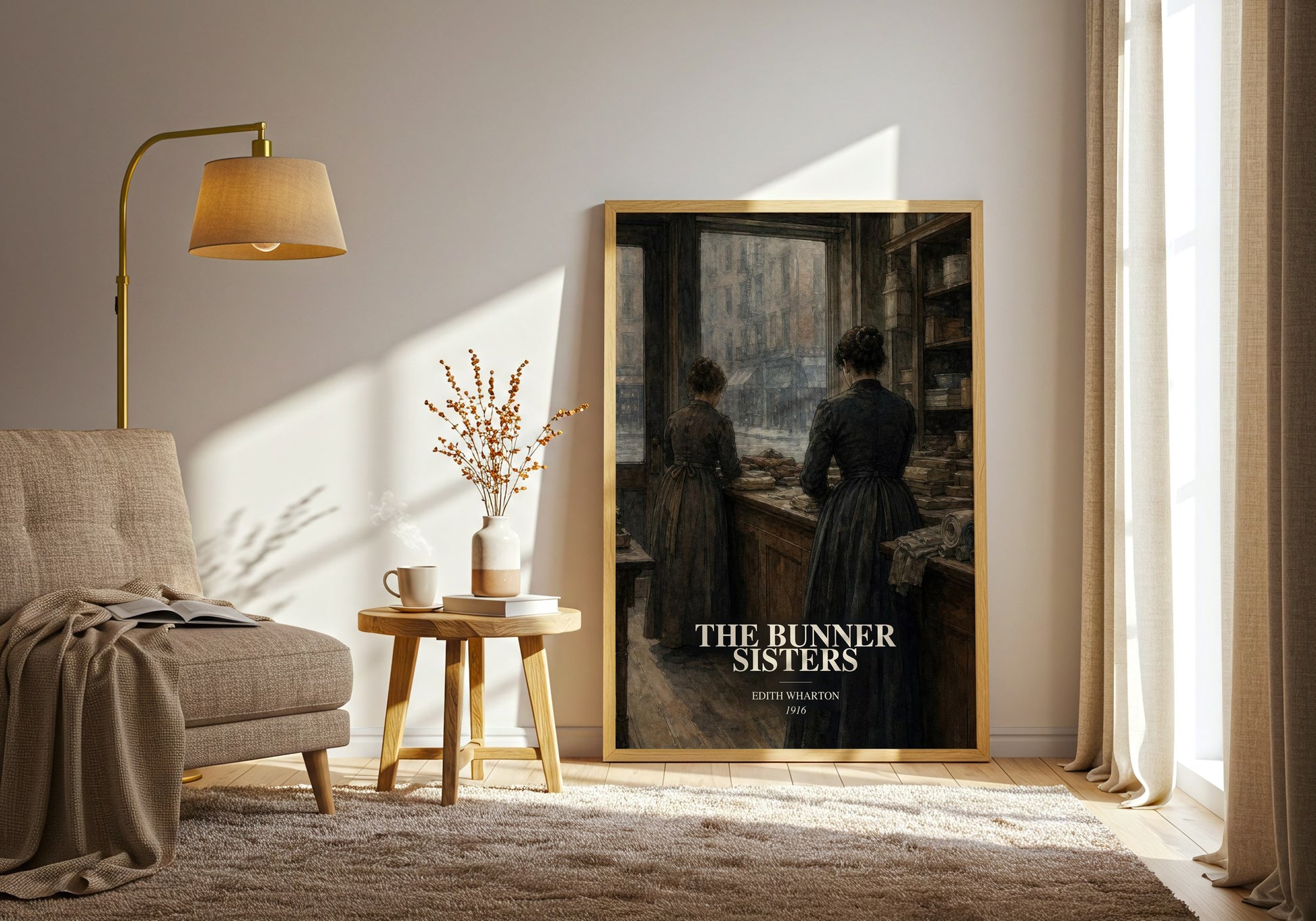 The Bunner Sisters watercolour print in frame leaning in hallway – literary fiction wall art