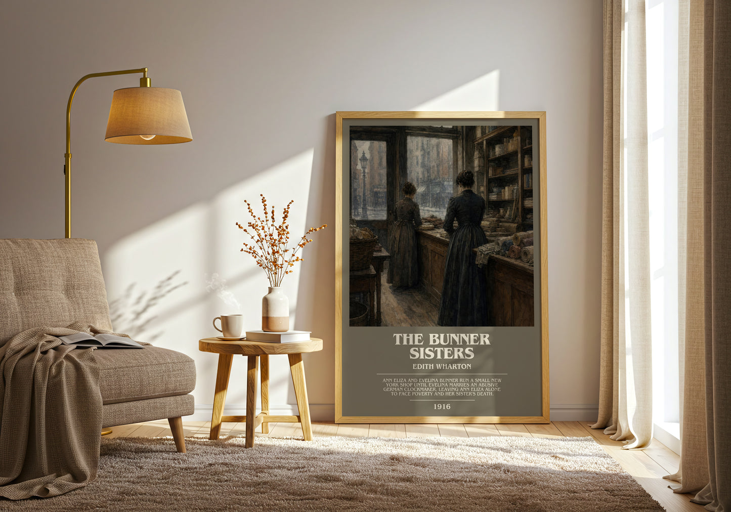The Bunner Sisters bookish print on bookshelf – Edith Wharton fan gift