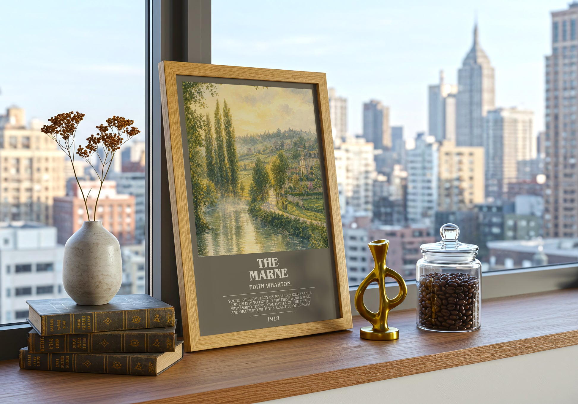 The Marne bookish print framed by window – literary home decor