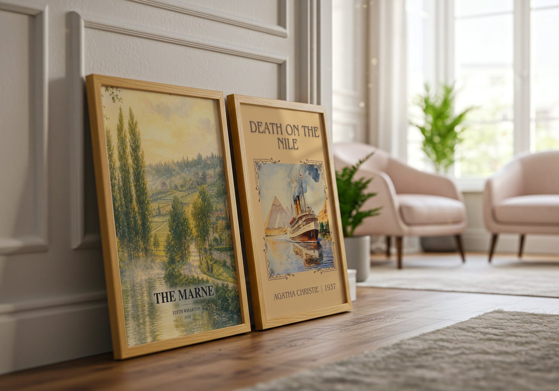 The Marne watercolour print framed by window – literary home decor
