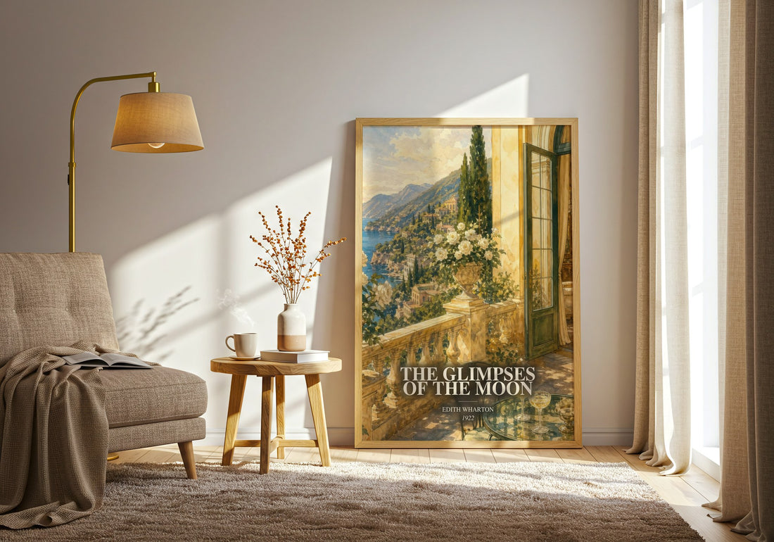 The Glimpses Of The Moon watercolour print in frame leaning in hallway – romance wall art (mockup)
