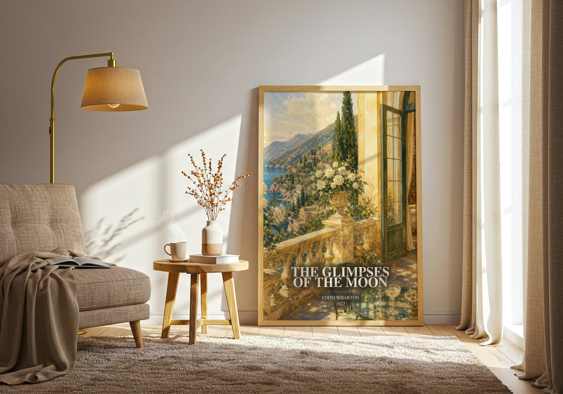 The Glimpses Of The Moon watercolour print in frame leaning in hallway – romance wall art
