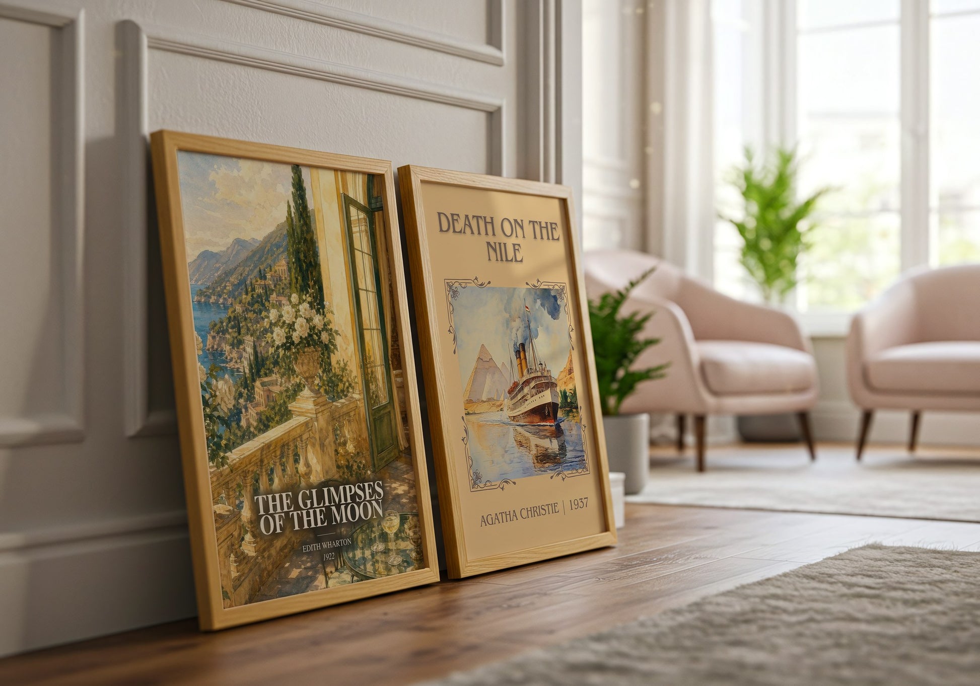 The Glimpses Of The Moon watercolour print framed by window – literary home decor