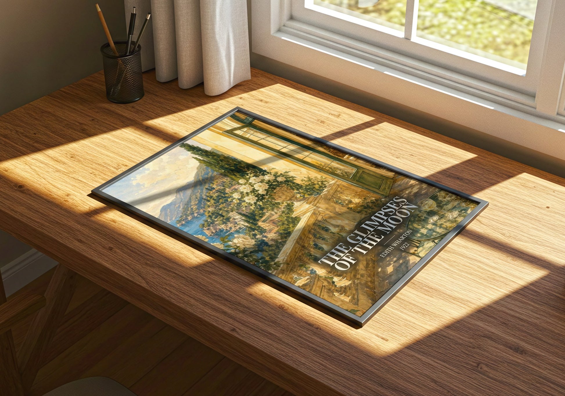 The Glimpses Of The Moon watercolour book poster framed on wall – romance wall art
