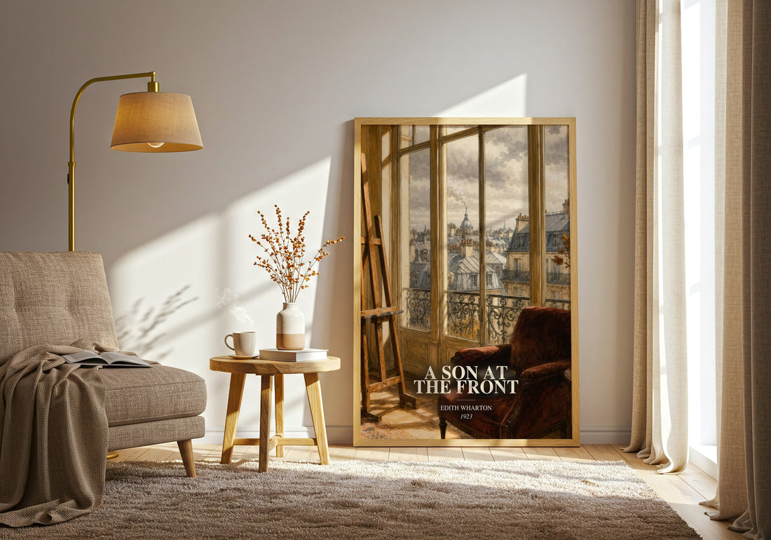 A Son At The Front watercolour print in frame leaning in hallway – literary fiction wall art (mockup)